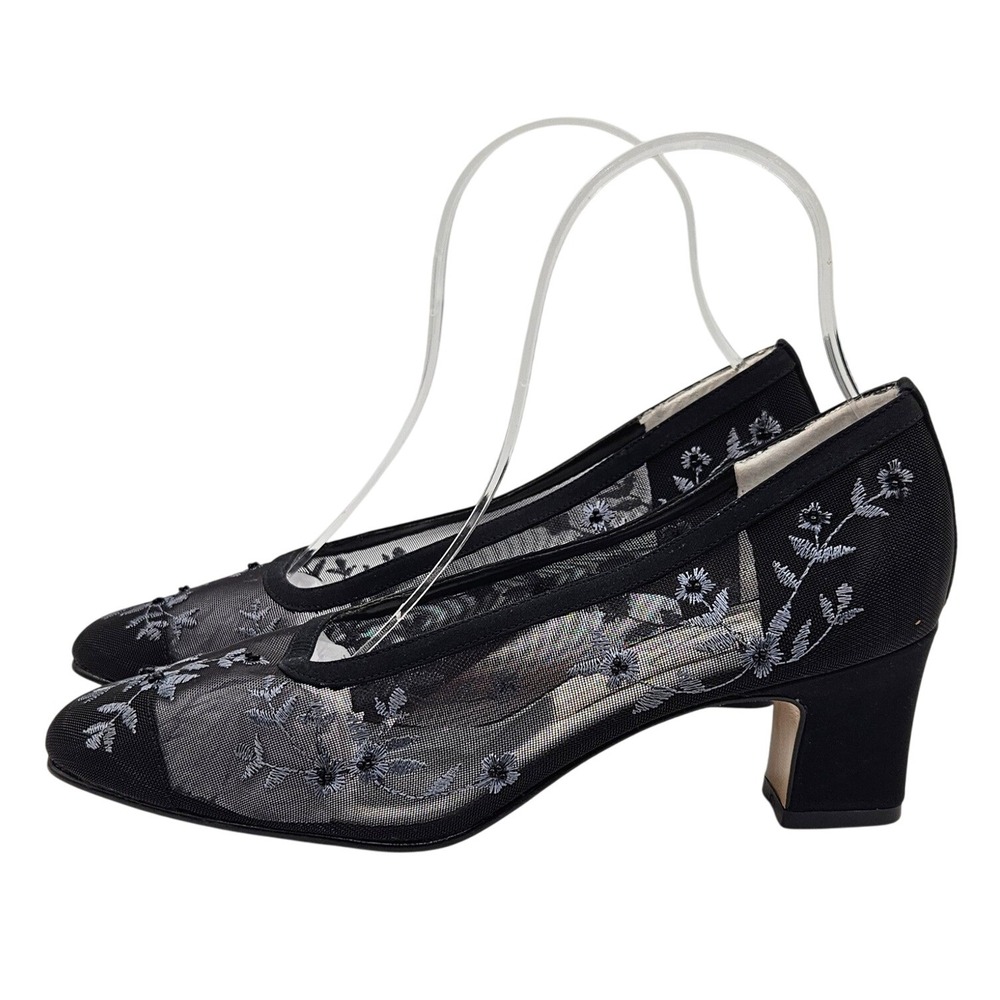 Dolce by Pierre Monde Black Embroidered Mesh Square Toe Block Heels‎ Shoes 8WW